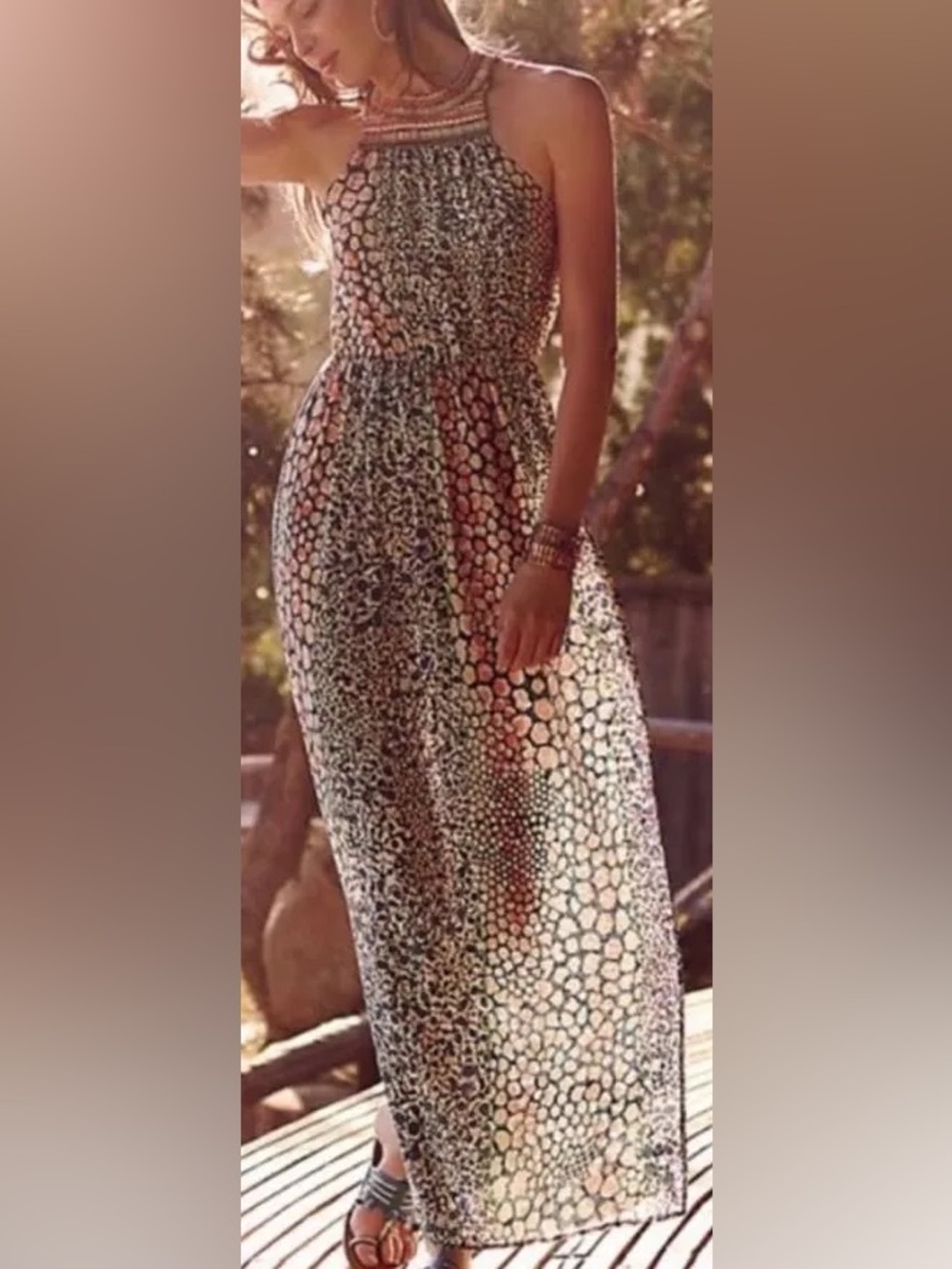 HD in Paris Anthropologie Beaded Halter Maxi Dress Giraffe Print 2